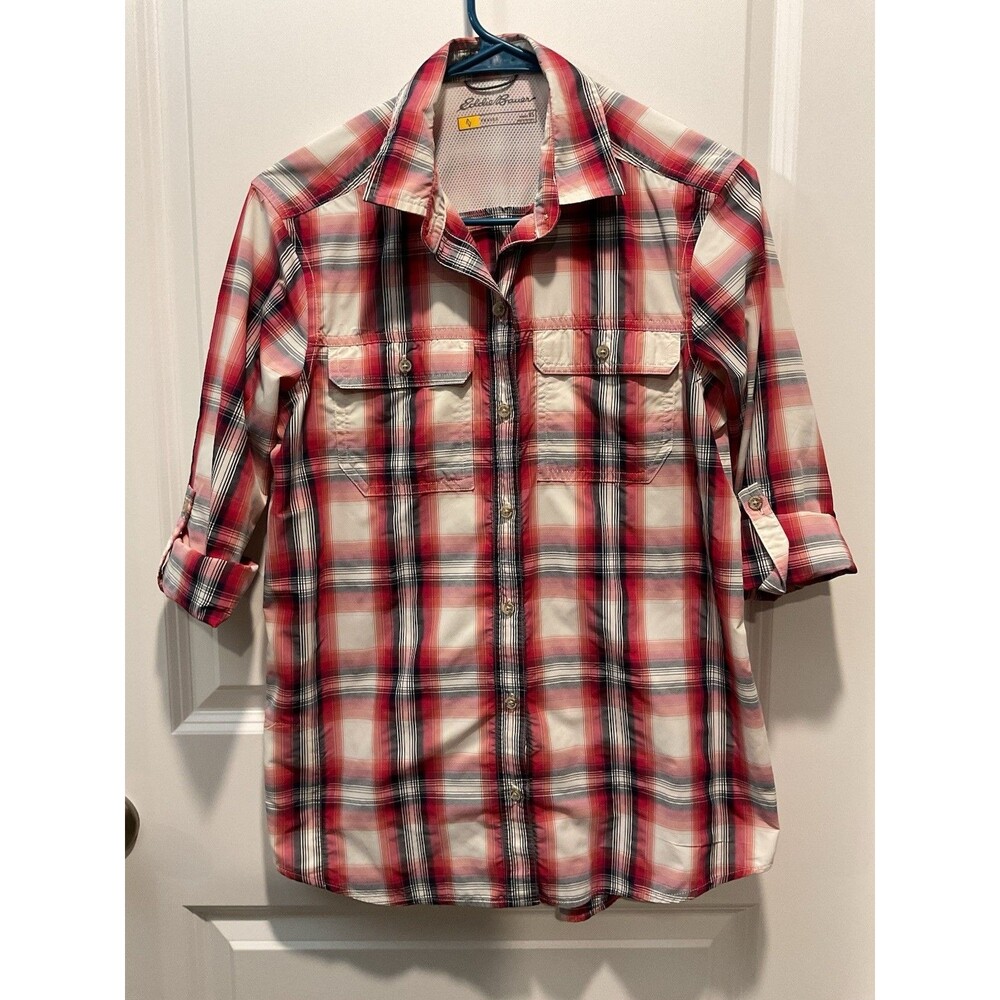 Eddie Bauer Travex Womens XS Red Plaid Roll Tab Sleeve Ventilated Hiking Shirt